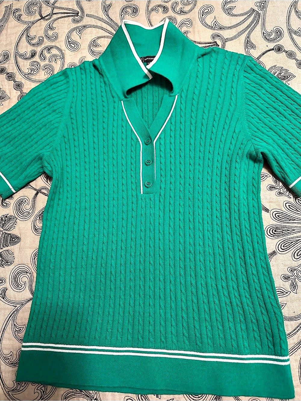 Adrianna Papell Open V-Neck Polo Mix Rib Cable Sweater Green